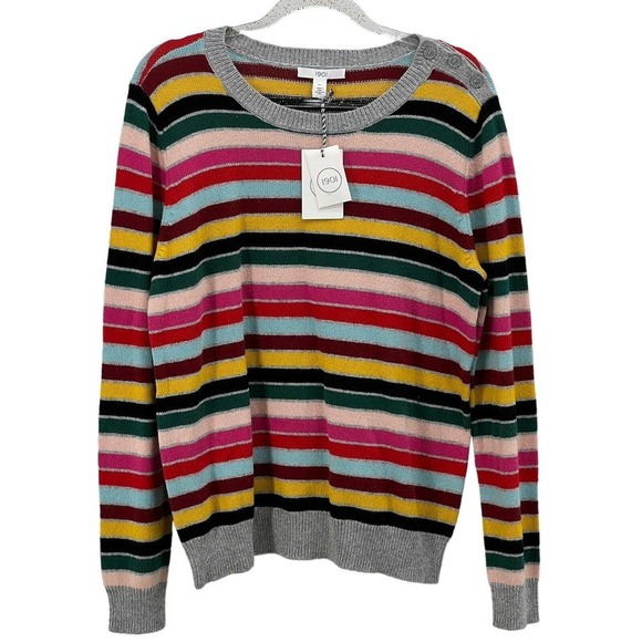 1901 Women's Shoulder Button Sweater Multicolor Striped XL Crew neck Pink Wool - Picture 1 of 8